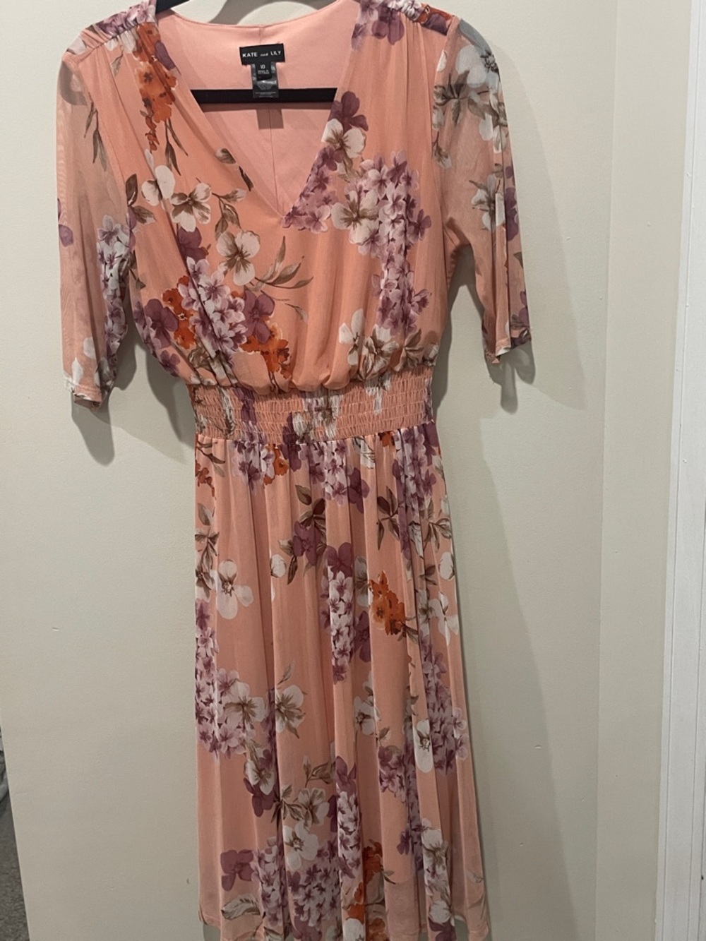 Kate and Jack Peach Floral Smocked Midi Dress